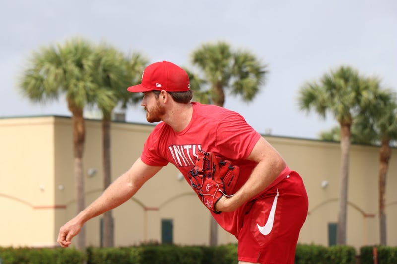 Starting pitcher Miles Mikolas throws a bullpen session.