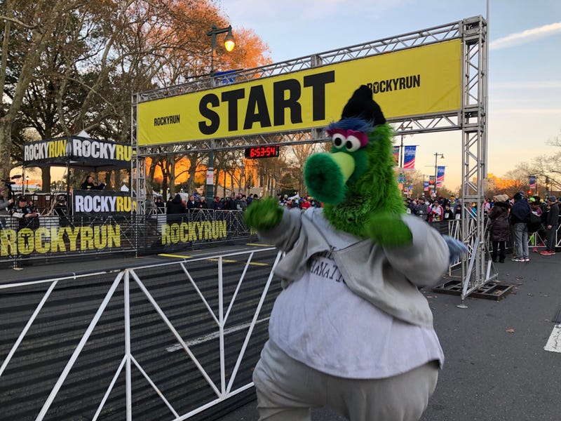 The Phillie Phanatic, dressed as Rocky Balboa, at the starting line for the Rocky Run.
