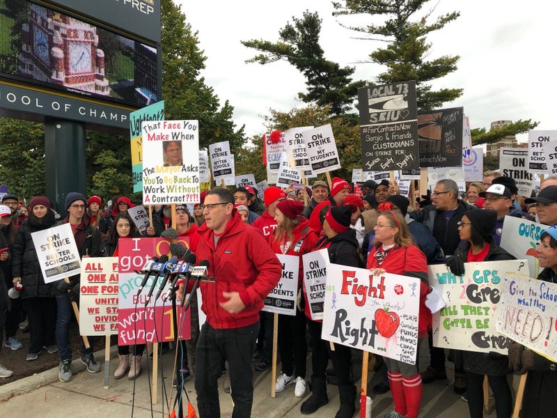 Chicago Teachers Union President Jesse Sharkey joined teachers and support staff Friday on the picket line at Lane Tech College Prep High School. 