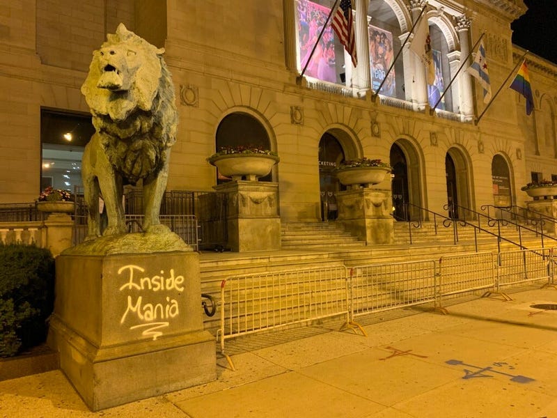 The Art Institute of Chicago’s North Lion seen vandalized June 25, 2020.