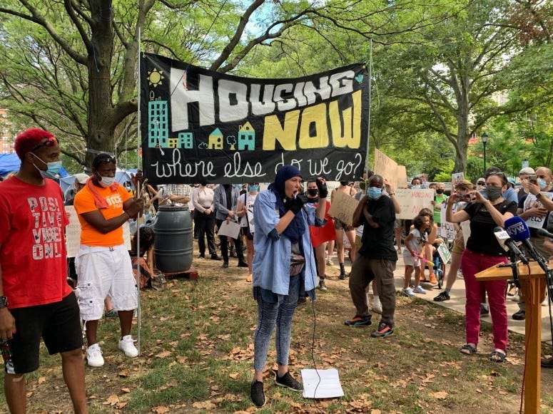 Jennifer Bennetch, one of the organizers of the Parkway encampment, speaking to reporters. 