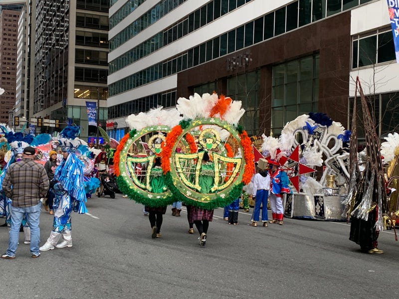 Mummers prepare for their big day o Jan 1, 2010, at Market and Broad streets.