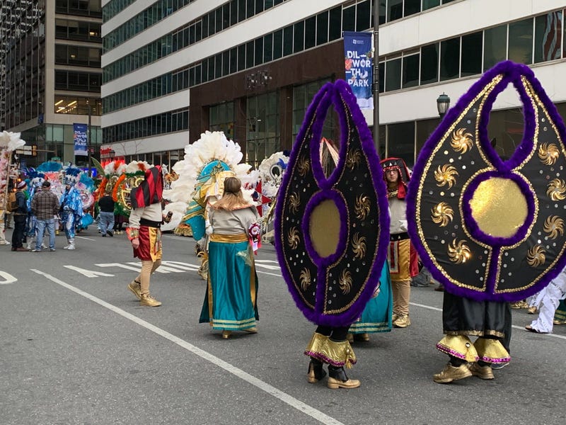 Mummers prepare for their big day o Jan 1, 2010, at Market and Broad streets.