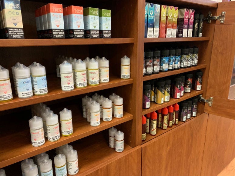 Flavored vaping products at Firehouse E-Cigs and Vapors in Cherry Hill.