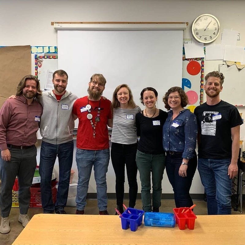 Members of BARWE (Building Anti-Racist White Educators) including Charlie McGeehan (3rd from left), Laura Hummer and Brendan Morrissey (far right)