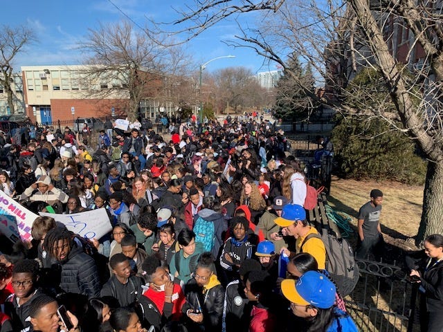 Students from Chicago's Lincoln Park High School staged a walkout Monday morning to protest the suspension of school leaders and the boy's varsity basketball season.