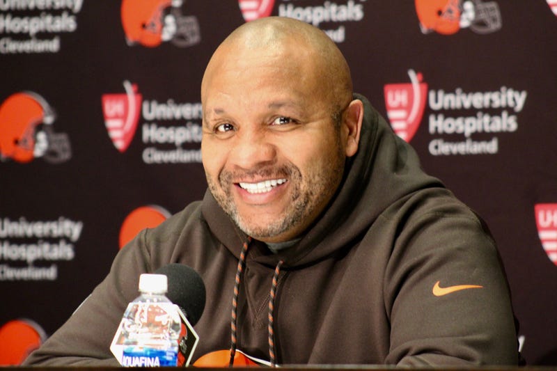 Browns head coach Hue Jackson speaks with reporters on April 17, 2018