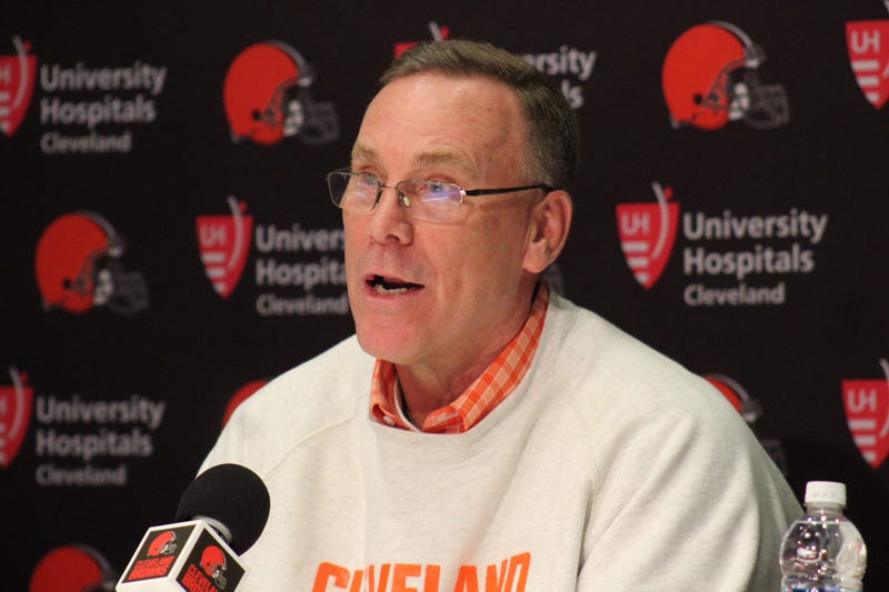 Browns general manager John Dorsey speaks with reporters on April 28 during the 2018 NFL Draft
