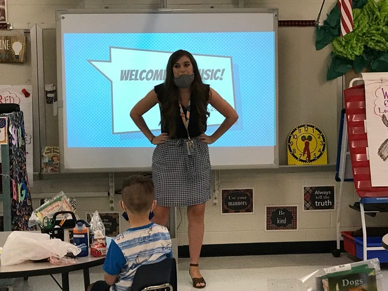 Kimberly Rexroad teaching first grade music on the first day of school - Emily Gill