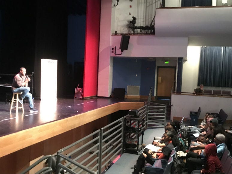 A professional actor from Philadelphia returned to his high-school alma-mater to talk to kids about fame versus fortune among other things.