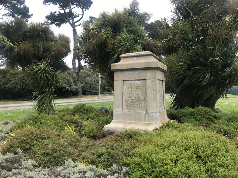 The empty pedestal where a statue of Junipero Serra once stood in Golden Gate Park.