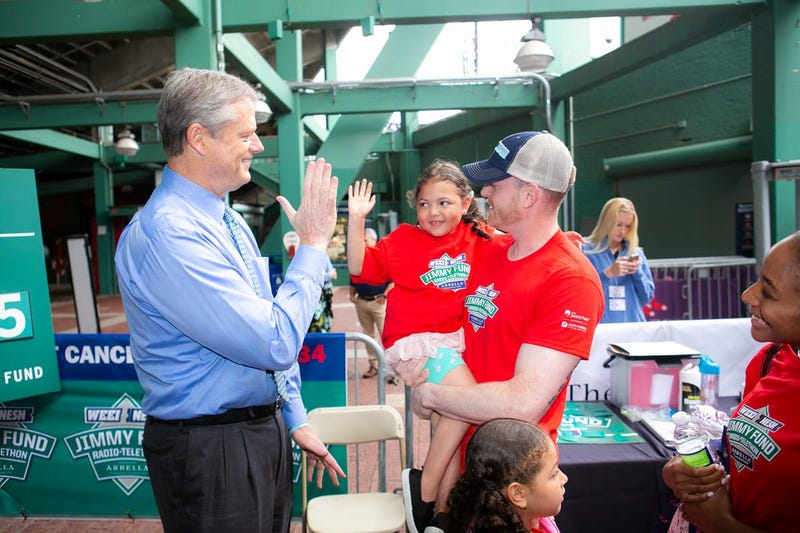 Mila Carter, 4, acute lymphoblastic leukemia, with Governor Charlie Baker, sister Olivia, dad Rich, and mom Natasha.