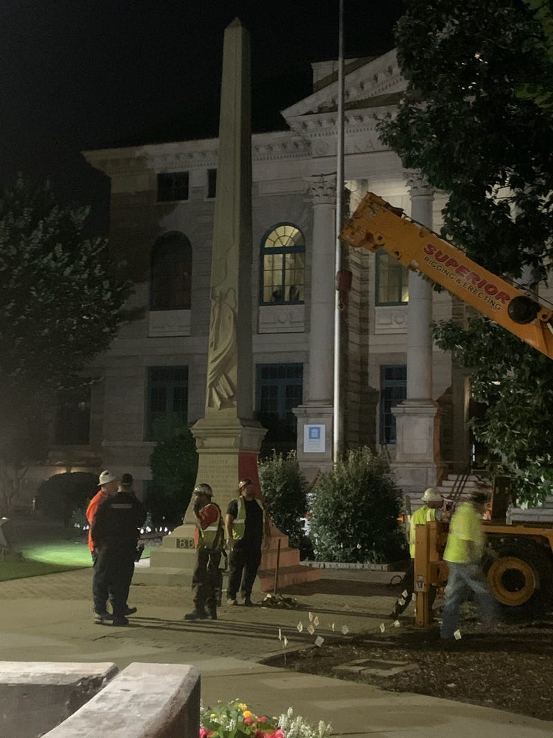 Crews assemble to begin removal of the Lost Cause Confederate monument in Decatur GA on June 18 2020