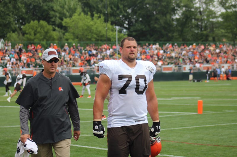 Browns right guard Kevin Zeitler walks off the field on Aug. 1 after suffering a calf injury during a training camp practice.