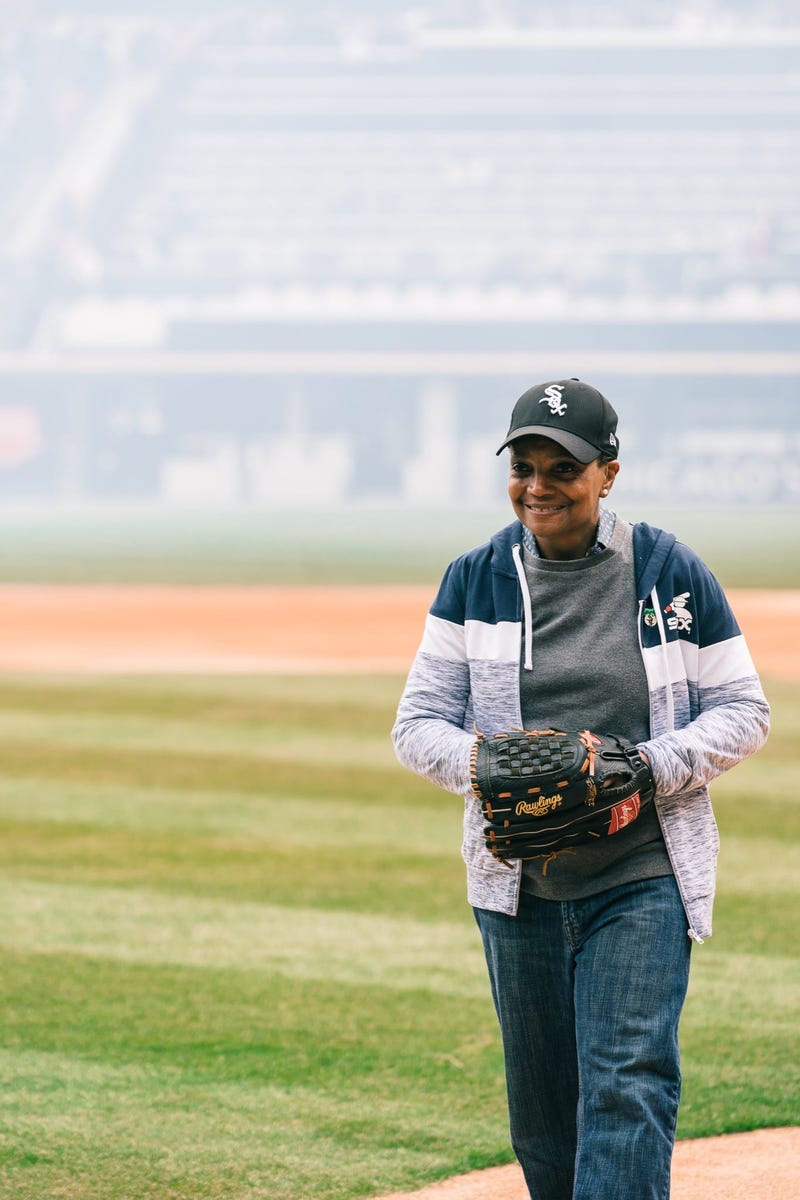 Mayor-elect Lori Lightfoot throws out the first pitch for the Chicago White Sox.