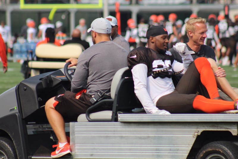 Browns cornerback EJ Gaines is carted off the field on Aug. 19, 2018 after suffering what appeared to be a serious right knee injury