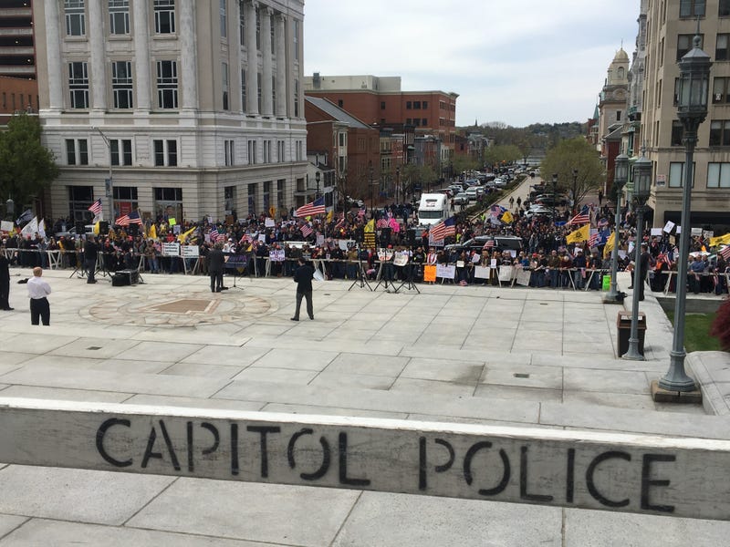 Protesters in Harrisburg protest the continued shutdown of businesses in PA