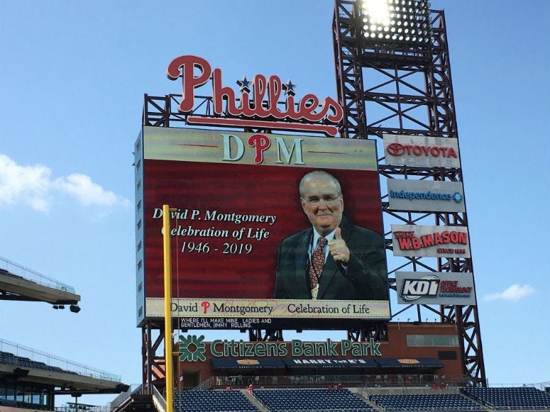 Phillies employees, fans and current and former players gathered at Citizens Bank Park Thursday afternoon to remember team chairman David Montgomery, who died in May at the age of 72. 