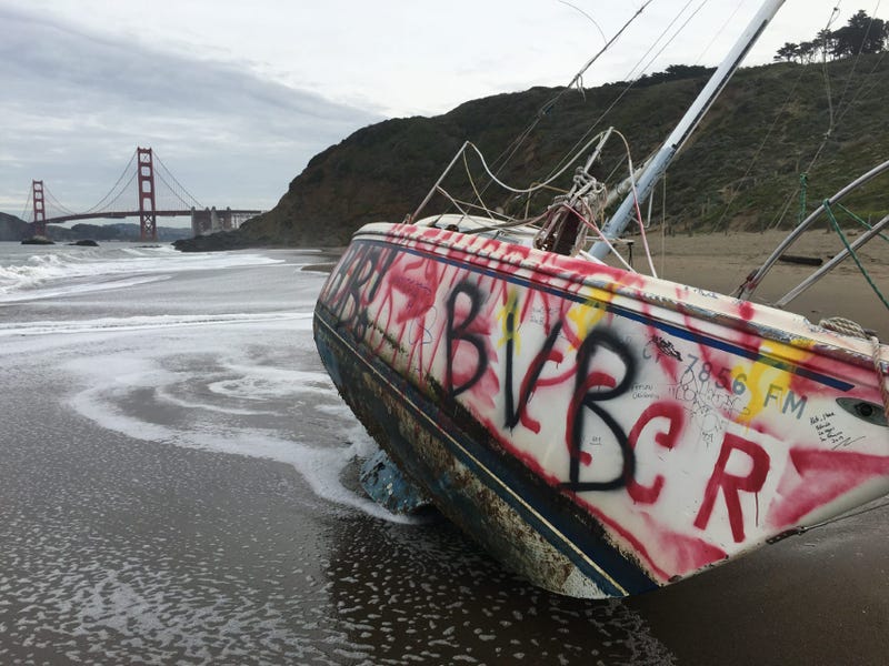A shipwrecked boat on Baker Beach has become a magnet for graffiti artists and selfie photos.