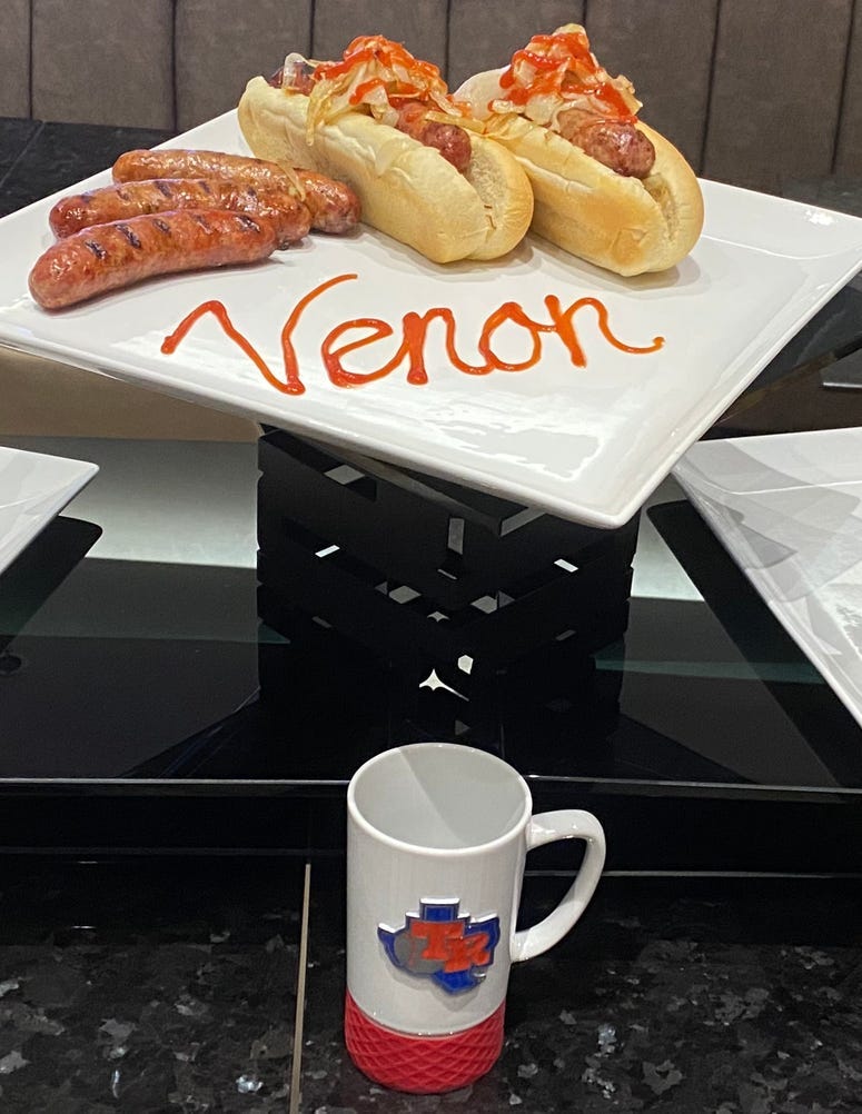 Jalapeño sausage drizzled with Venom sauce.
