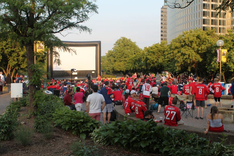 The 106.7 The Fan Street Team joins fans at a live viewing of the Capitals vs. Lighting game at Gateway Park, Rosslyn, VA.
