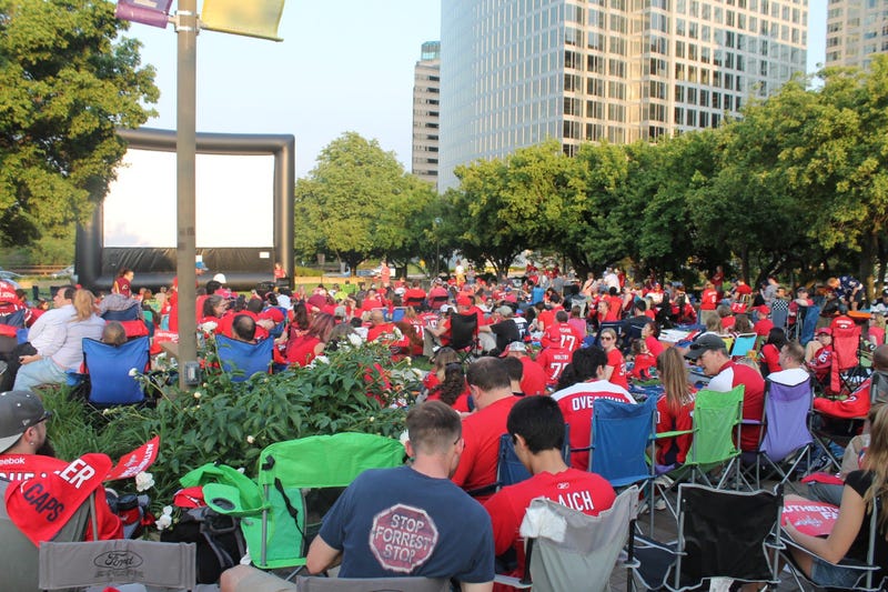 The 106.7 The Fan Street Team joins fans at a live viewing of the Capitals vs. Lighting game at Gateway Park, Rosslyn, VA.