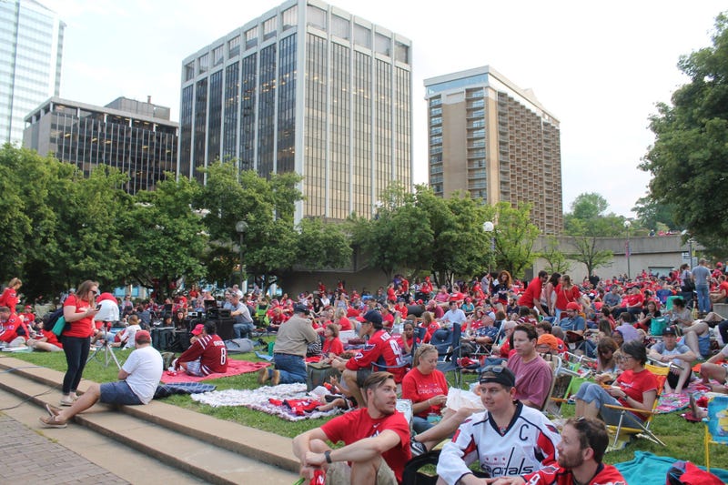 The 106.7 The Fan Street Team joins fans at a live viewing of the Capitals vs. Lighting game at Gateway Park, Rosslyn, VA.