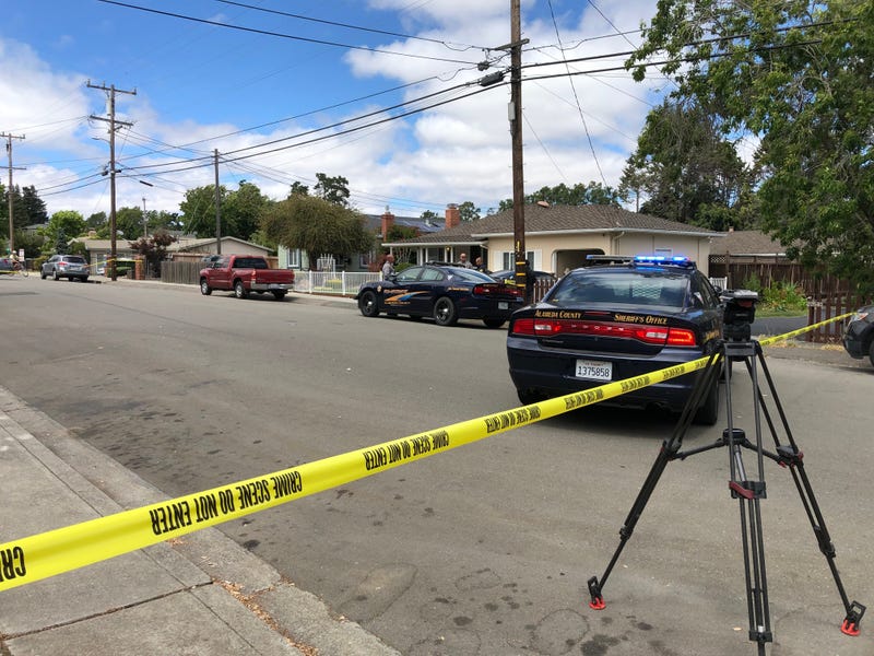 Police tape surrounds the site of two discovered bodies in a Castro Valley home on June 26, 2019.