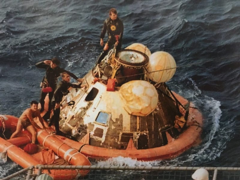 Astronauts on the Apollo 11 mission returned safely to Earth on July 24, 1969 and were picked up by the USS Hornet after their historic trip to the moon.