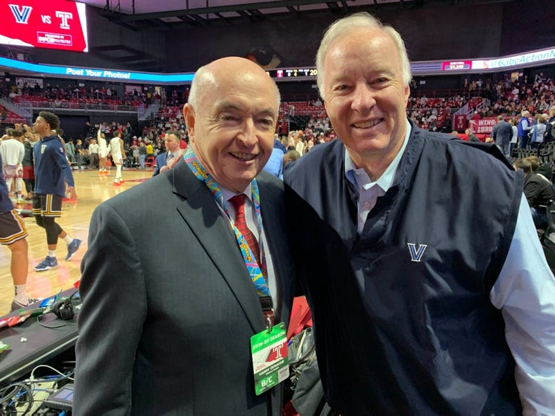 Harry Donahue (left) with Villanova color commentator Whitey Rigsby, at the Temple-Villanova basketball game on Sunday, at the Liacouras Center