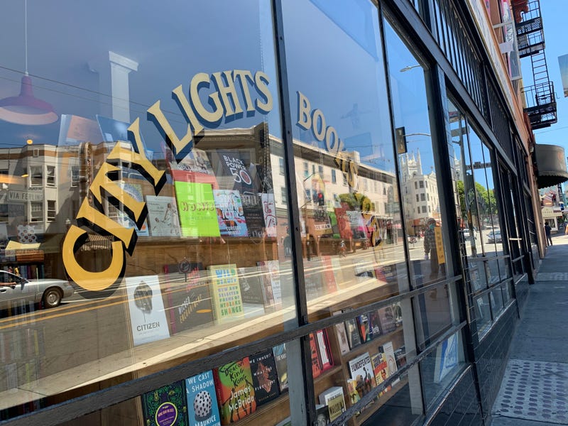 The front window of the iconic City Lights Bookstore in San Francisco.