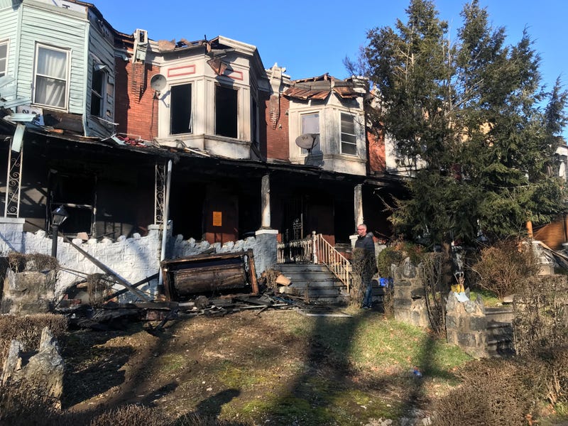 The site of a fire along Walnut Street near 61st Street in West Philadelphia. Eight rowhomes were damaged, displacing more than 20 residents.