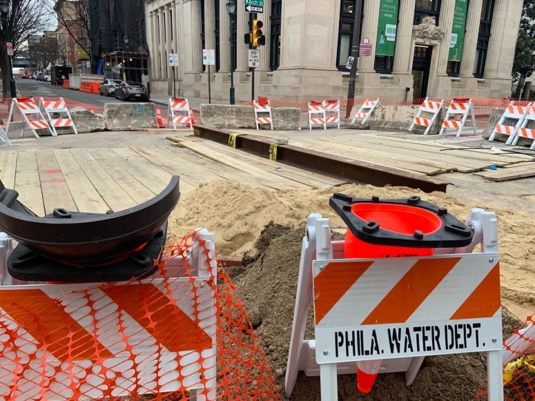 Repair work on Third and Arch Streets after a water main break in January.