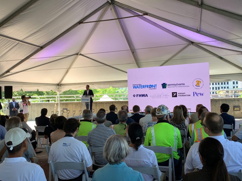 Gov. Josh Shapiro speaks during ceremony to kick off construction of a park over I-95 designed to reconnect the city with the Delaware River waterfront.