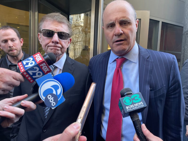 Former Philadelphia Detective Martin Devlin (left) with his defense lawyer Brian McMonagle outside the Juanita Kidd Criminal Justice Center after the judge's verdict Thursday afternoon.