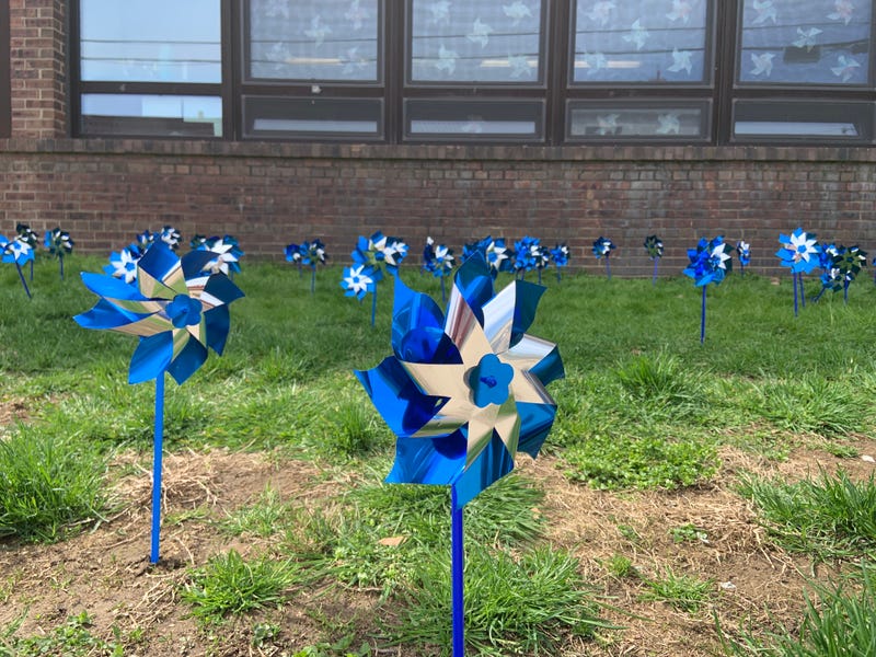 In observance of National Child Abuse Prevention Month, pre-K through eighth grade students  “planted" 400 blue and silver pinwheels on the front lawn of Saint Pio’s Regional Catholic School in South Philadelphia.