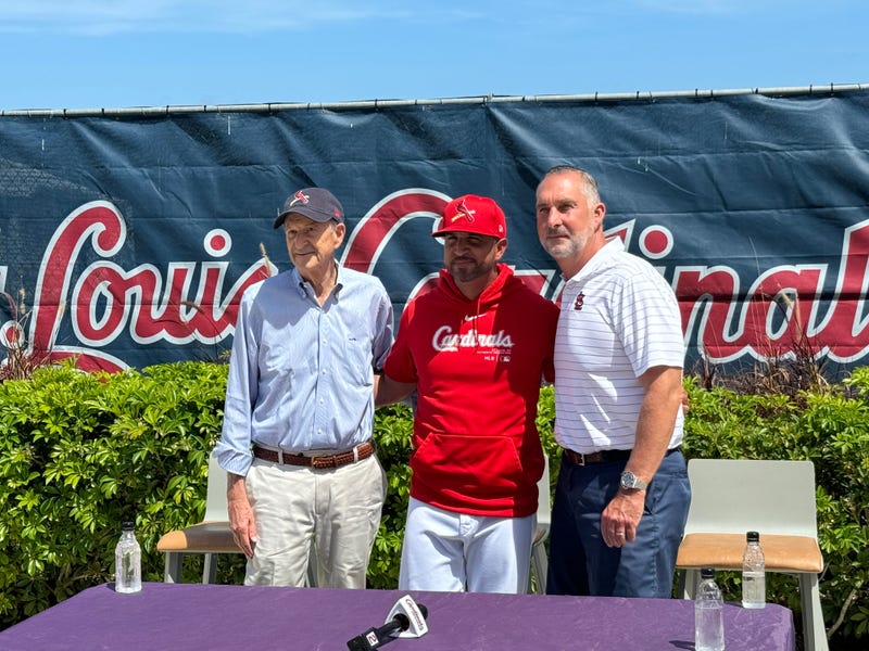St. Louis Cardinals owner Bill DeWitt, Manager Oliver Marmol, and President of Baseball Operations John Mozeliak at the announcement of Marmol's contract extension on March 15, 2024