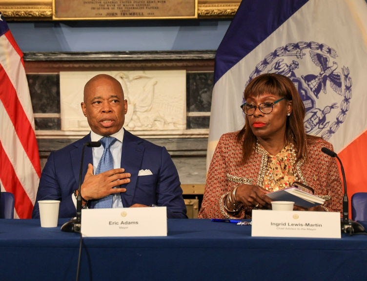 Mayor Eric Adams flanked by Ingrid Lewis-Martin during his weekly in-person news conference at City Hall Blue Room on March 5, 2024. 