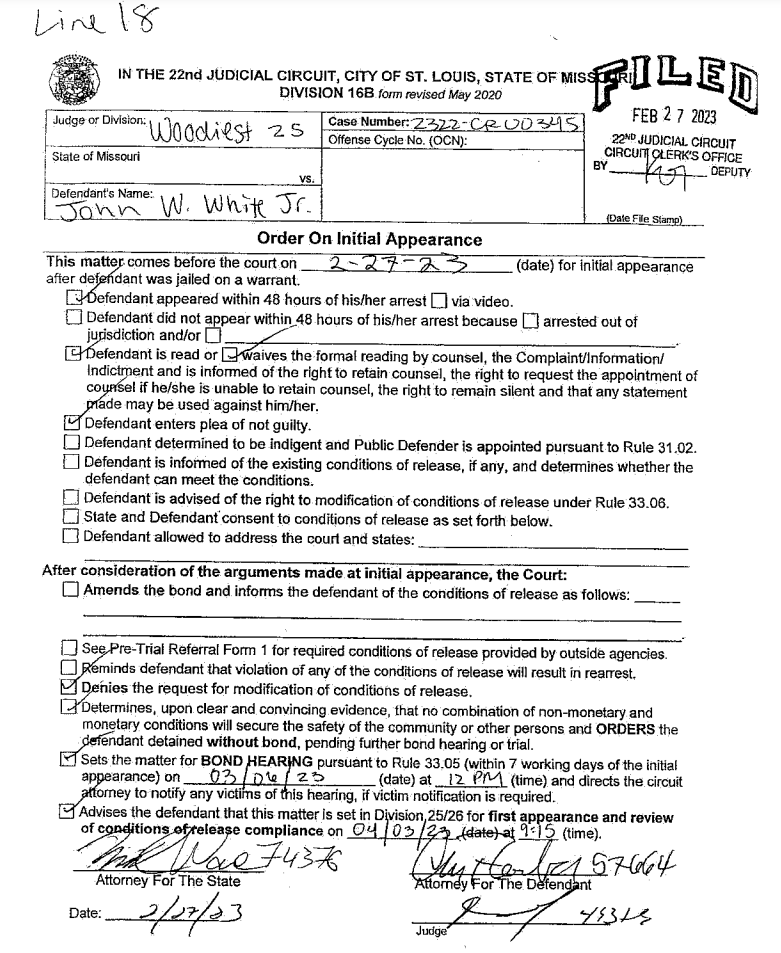 The judge set a bond hearing for March 6th, and the order says the court "directs the circuit attorney to notify any victims of this hearing."