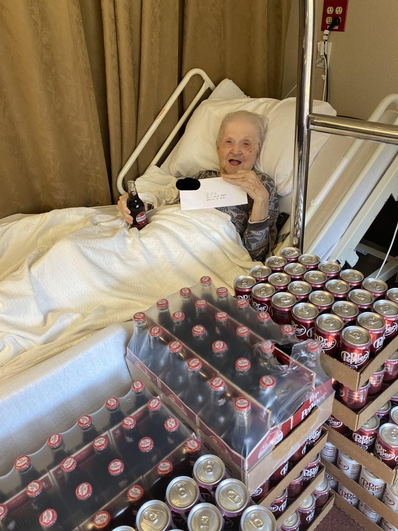 Miss Billie pictured with her free Dr. Pepper at Hillside Medical Lodge