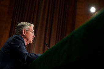 FILE - In this Feb. 12, 2020, file photo Federal Reserve Chairman Jerome Powell testifies before the Senate Banking Committee on Capitol Hill in Washington. (AP Photo/Susan Walsh, File)