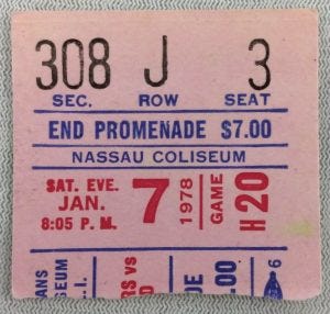 A ticket stub from Peter Schwartz's first Islanders game at Nassau Coliseum.