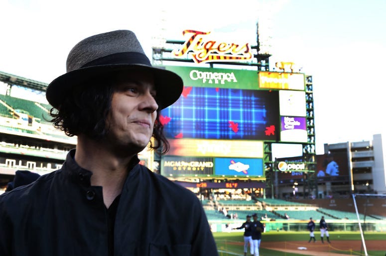 Detroit native and musician Jack White watches batting practice prior to the start of Game 3 of the 2012 World Series 
