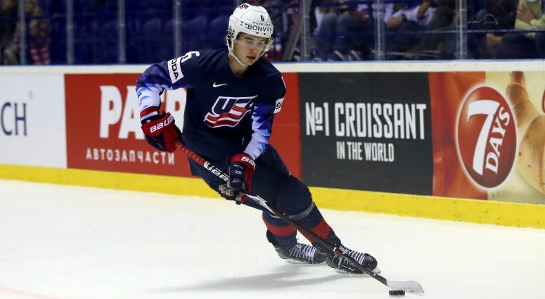 KOSICE, SLOVAKIA - MAY 15: Jack Hughes of United States skates against Great Britain during the 2019 IIHF Ice Hockey World Championship Slovakia group A game between United States and Great Britain at Steel Arena on May 15, 2019 in Kosice, Slovakia. (Phot