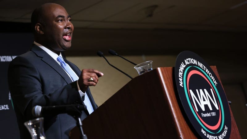 Jaime Harrison, Chair, of the Democratic National Committee, speaks during the 2022 National Action Network's Annual Convention at the Times Square Sheraton hotel on April 06, 2022 in New York City.