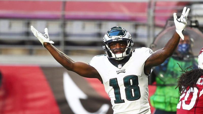 Philadelphia Eagles wide receiver Jalen Reagor reacts to a referee