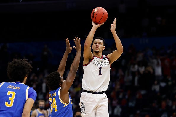 Jalen Suggs shoots a 3-pointer at the buzzer for Gonzaga against UCLA. 