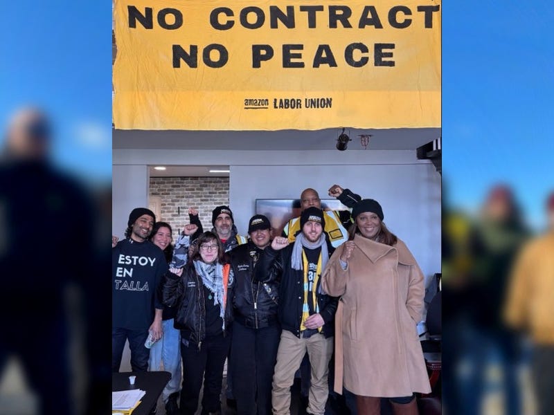 New York Attorney General Letitia James joins striking Amazon workers part of the Teamsters union on Staten Island as they strike for better wages, working conditions and benefits on Dec. 21, 2024.