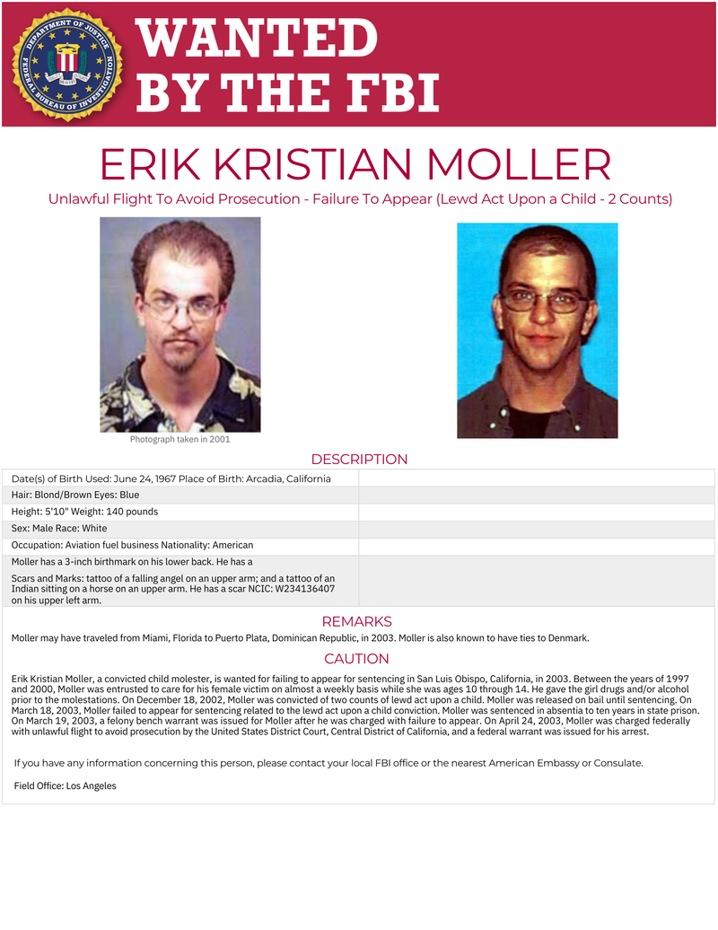 ERIK KRISTIAN MOLLER Unlawful Flight To Avoid Prosecution - Failure To Appear (Lewd Act Upon a Child - 2 Counts)