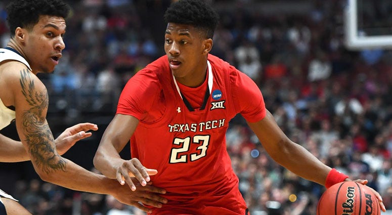  Texas Tech guard Jarrett Culver dribbles during the championship game of the West regional of the 2019 NCAA tournament against Gonzaga Bulldogs on April 5, 2019, in Anaheim, California. 